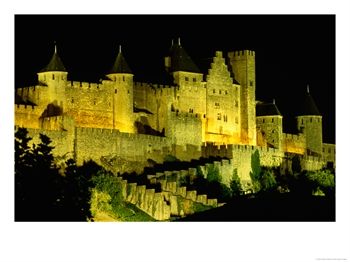 Chateau Comtal and Medieval Walled City at Night Above "New Town", Carcassonne, France